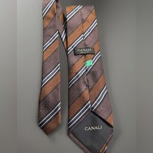 Canali Mens Tie Italy Made Bronze Blue Striped 100% Silk Luxury Designer Necktie
